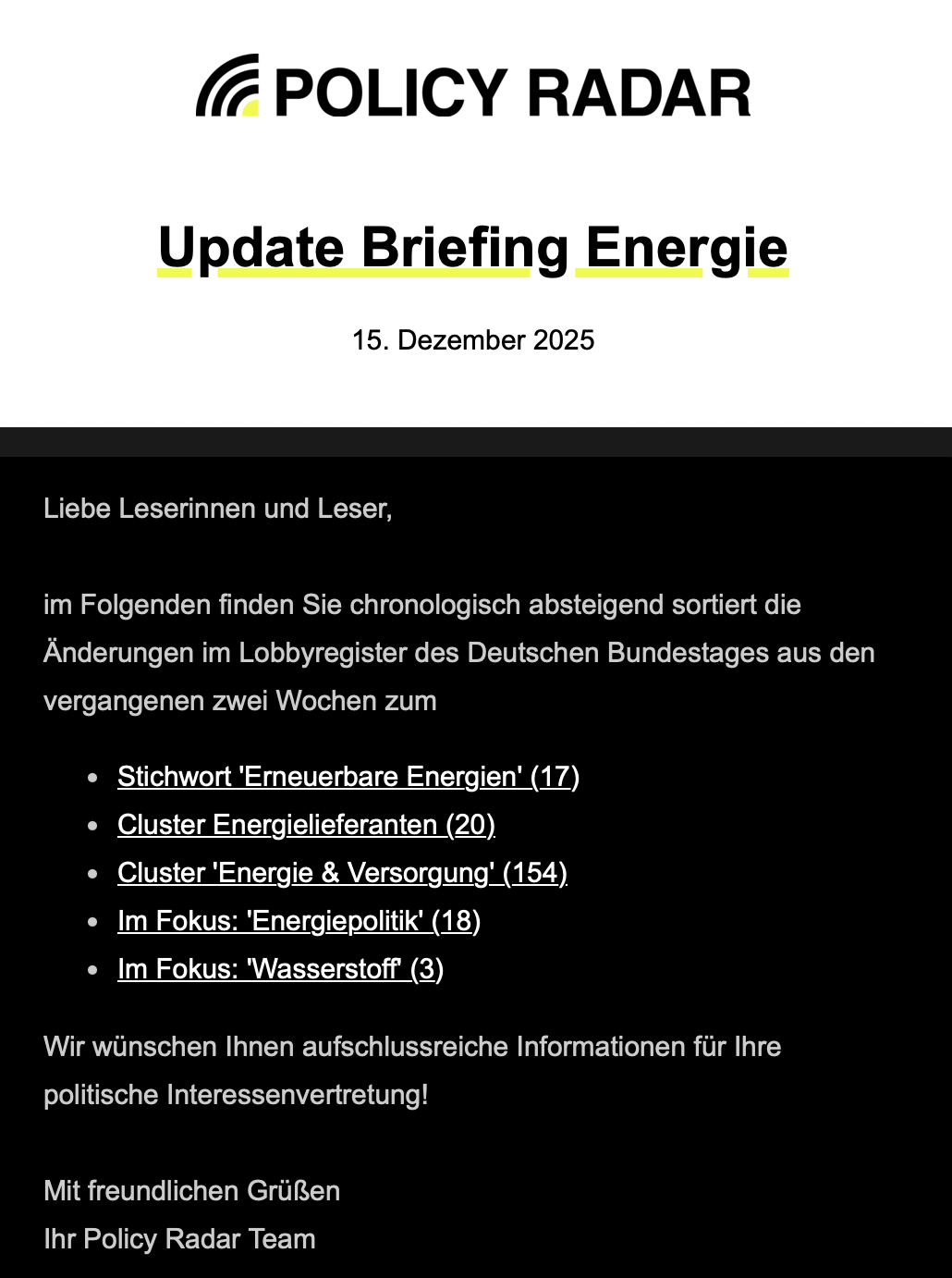 Update Briefing Energie - Änderungen bei Interessenvertretern